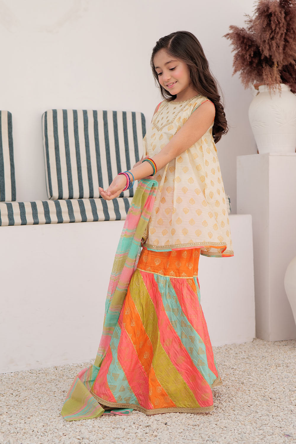 Senorita Kids RTW Fawn and Multicolor Formal 3 Piece Suit Tasar Silk KDD-02872 - Summer Collection