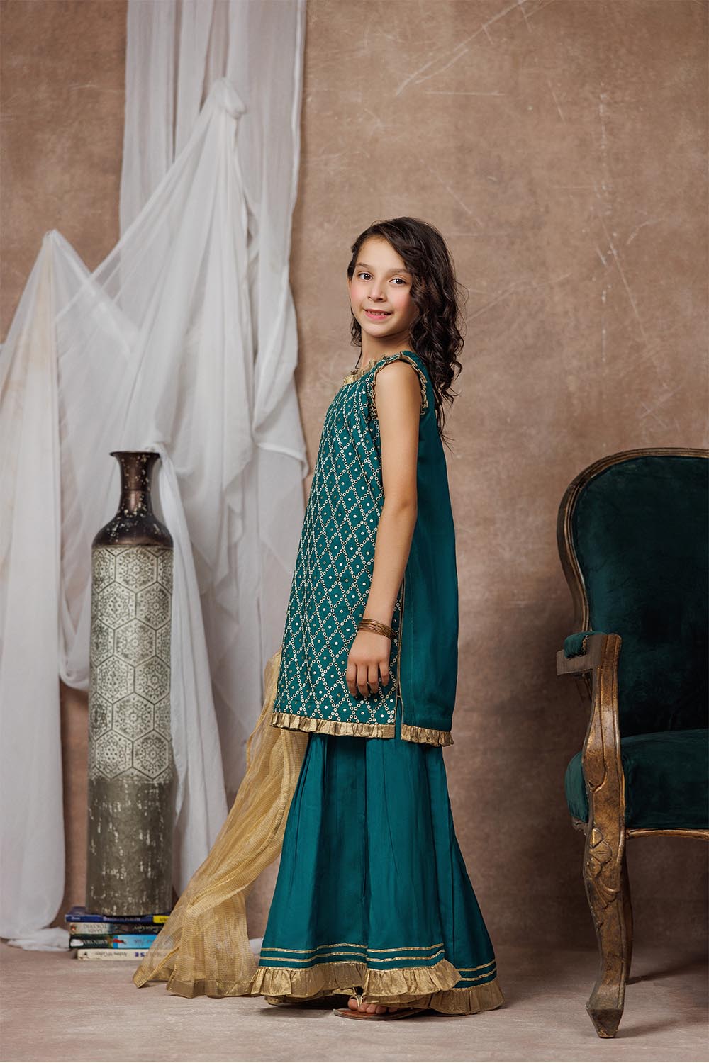 Senorita Kids RTW Turquoise Green and Golden Formal 3 Piece Suit Viscose Raw-Silk KDD-03053 - Summer Collection