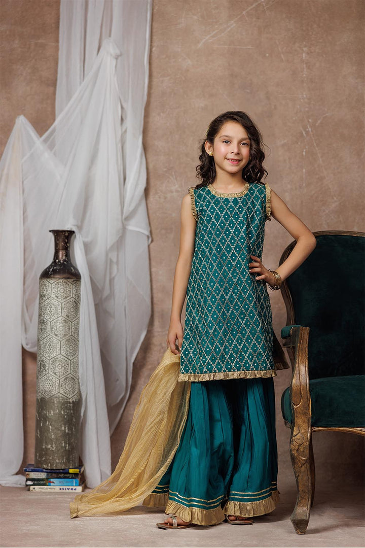 Senorita Kids RTW Turquoise Green and Golden Formal 3 Piece Suit Viscose Raw-Silk KDD-03053 - Summer Collection