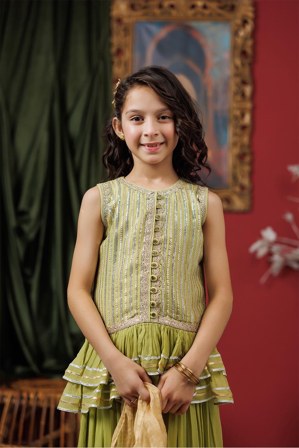 Senorita Kids RTW Kids formal clothes Perot Green and Gold Formal 3 Piece Suit Viscose Crinkle Chiffon KDD-03067 - Summer Collection