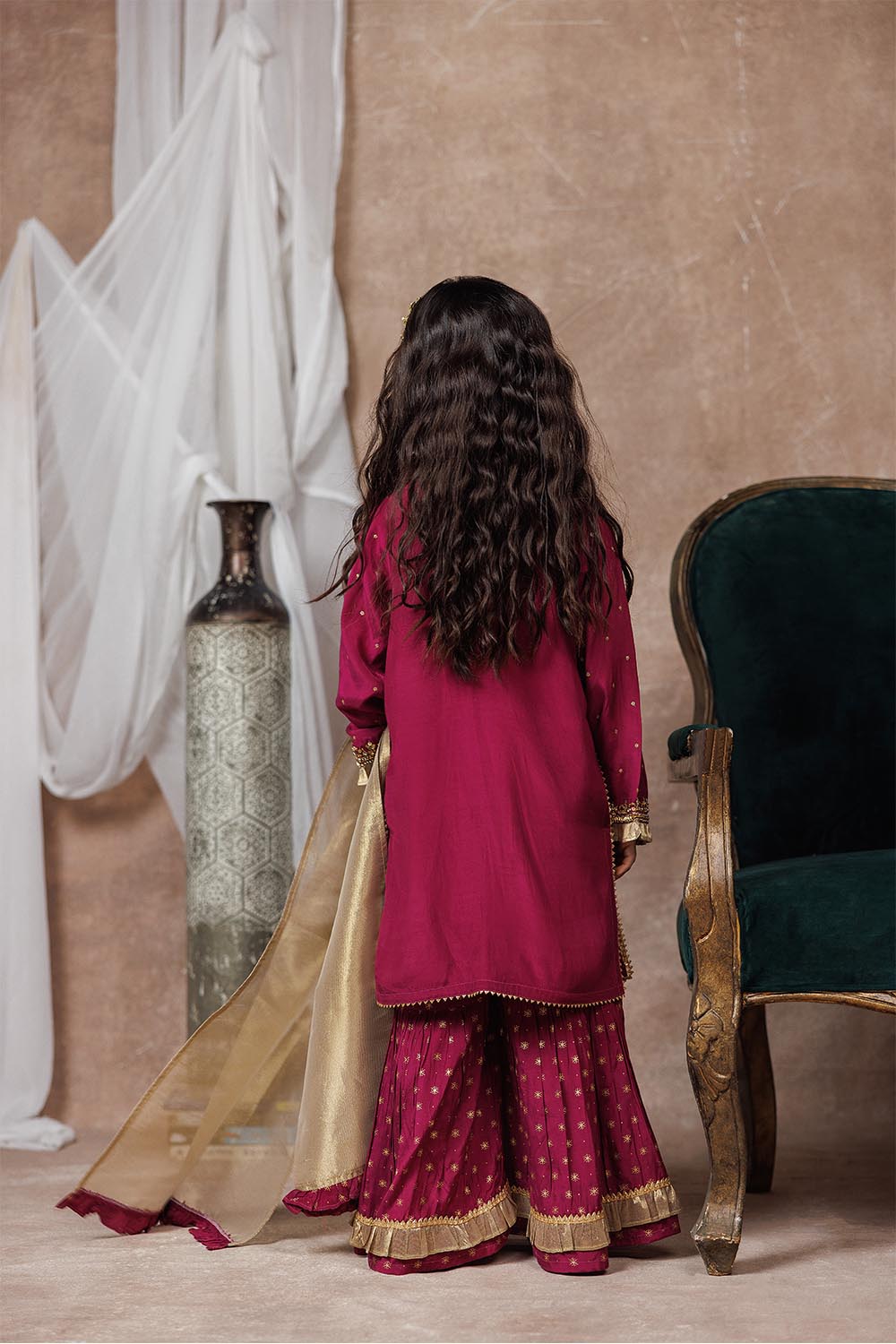 Senorita Kids RTW Magenta and Gold Formal 3 Piece Suit Viscose Raw-Silk KDD-03074 - Summer Collection