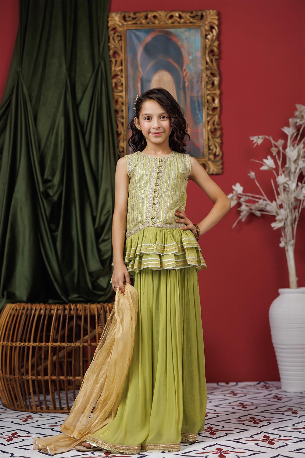 Senorita Kids RTW Kids formal clothes Perot Green and Gold Formal 3 Piece Suit Viscose Crinkle Chiffon KDD-03067 - Summer Collection