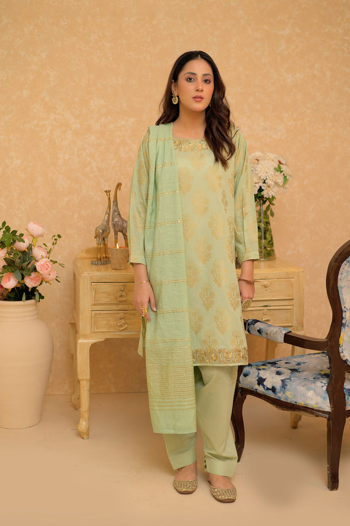 Senorita Women RTW Women Embroidered Green and Gold Casual Plus 3 Piece Suit Cotton Jacquard LBD-02963 - Summer Collection