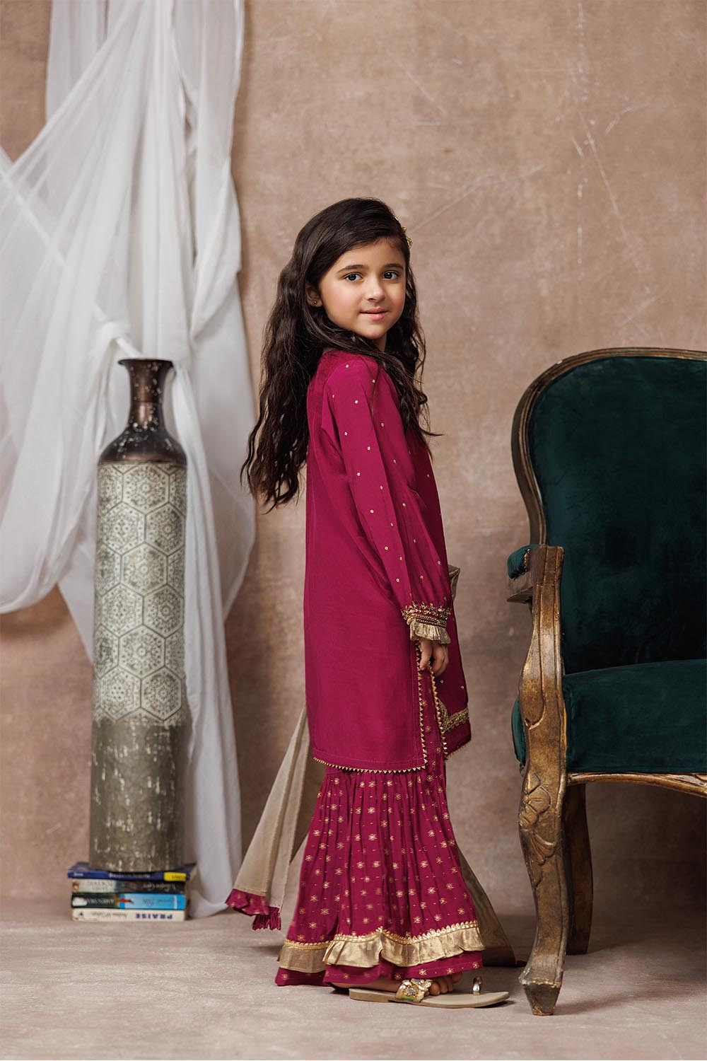 Senorita Kids RTW Magenta and Gold Formal 3 Piece Suit Viscose Raw-Silk KDD-03074 - Summer Collection
