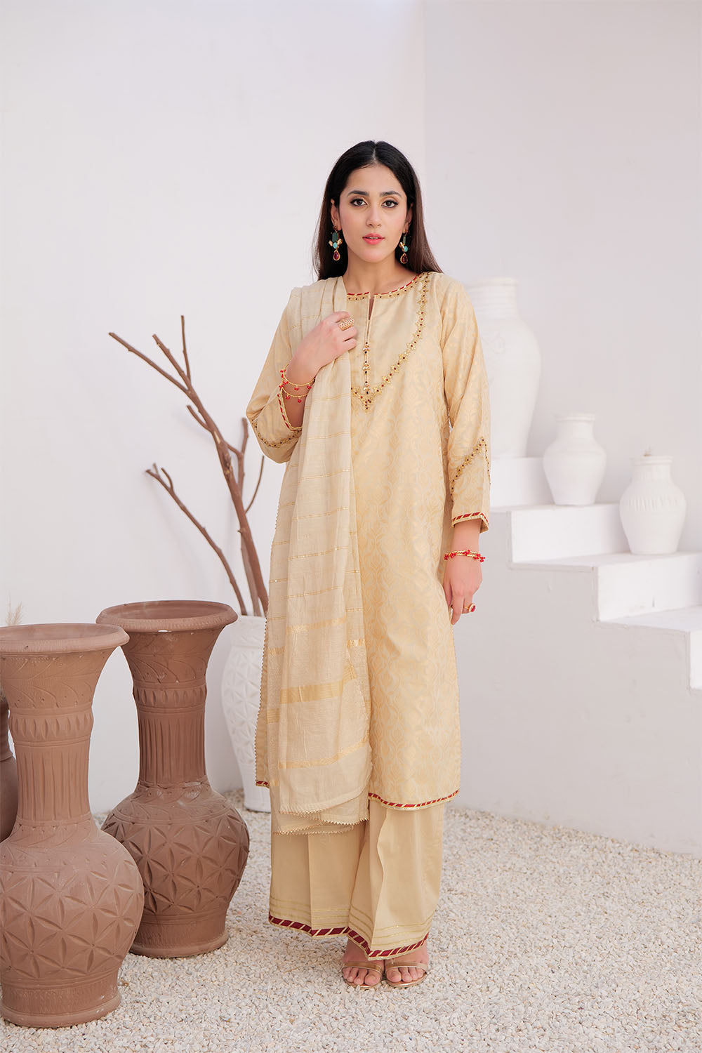Senorita Women RTW Women Embroidered Fawn and Gold Casual Plus 3 Piece Suit Cotton Jacquard LBD-02918 - Summer Collection