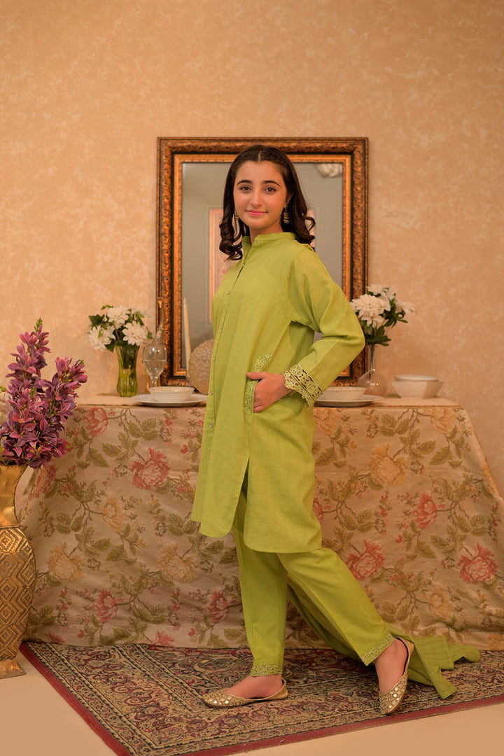 Senorita Girls Ready to Wear Girls Parrot Green Casual 3 Piece Suit Cotton Self dobby Solids GAD-02908 - Summer Collection
