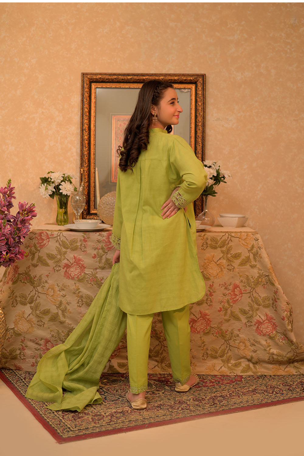 Senorita Girls Ready to Wear Girls Parrot Green Casual 3 Piece Suit Cotton Self dobby Solids GAD-02908 - Summer Collection