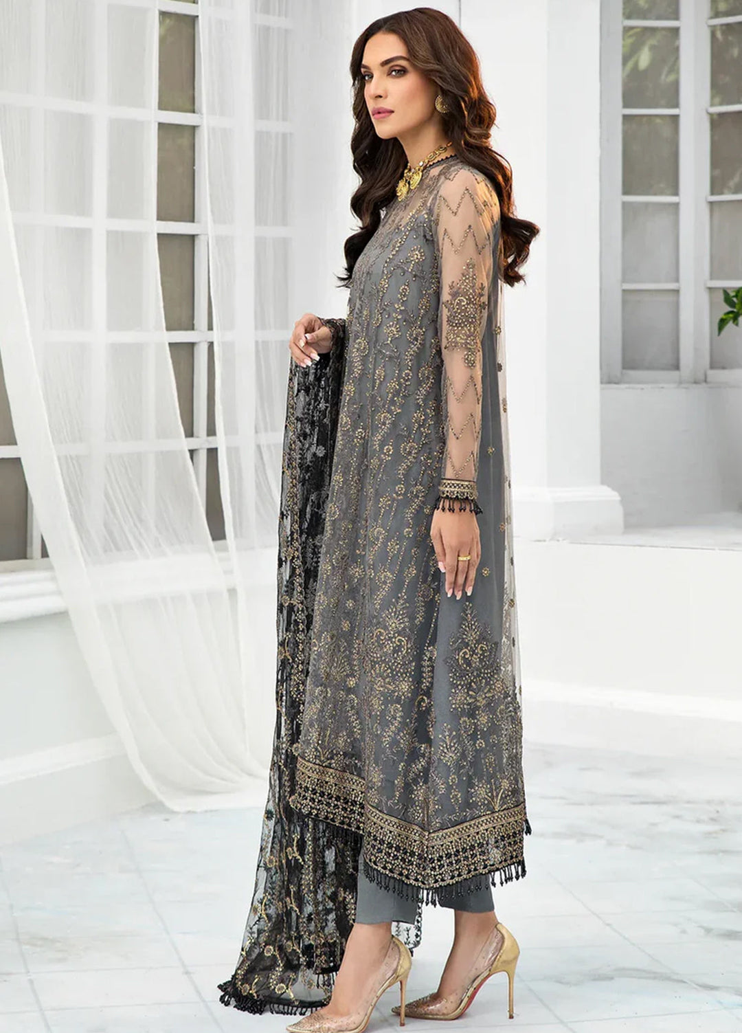 Zarif Embroidered Net Suits Unstitched 3 Piece ZR25UF ZDL-03 Graphite - Luxury Collection