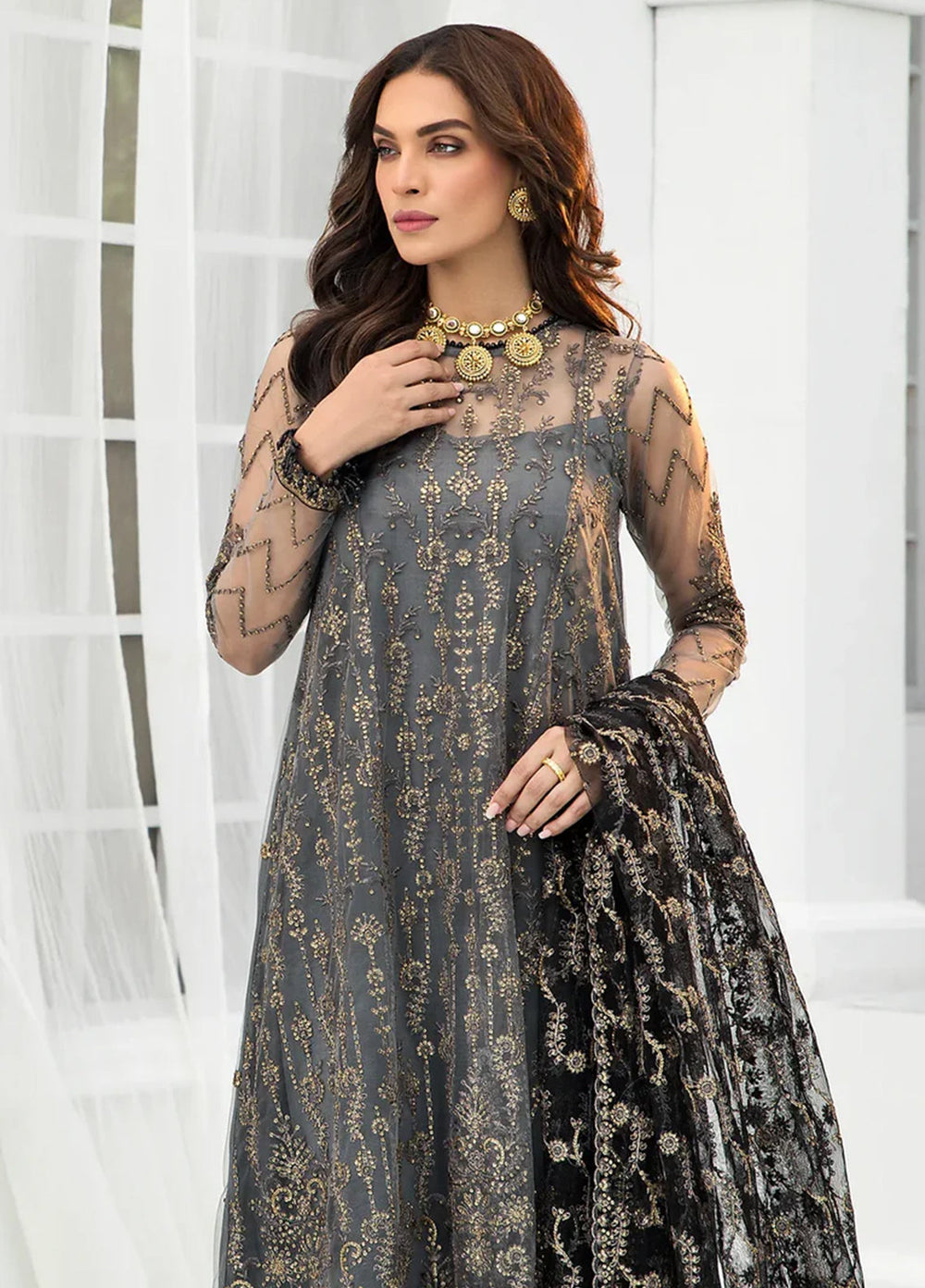 Zarif Embroidered Net Suits Unstitched 3 Piece ZR25UF ZDL-03 Graphite - Luxury Collection