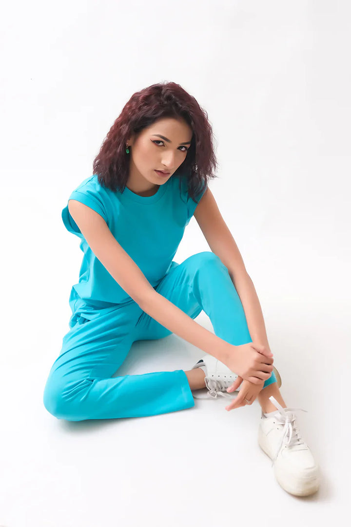 Dhaga Women Western Solids 2 Piece jersy Turquoise Co Ords Sleevesless DHSSSCO5 - Summer Collection