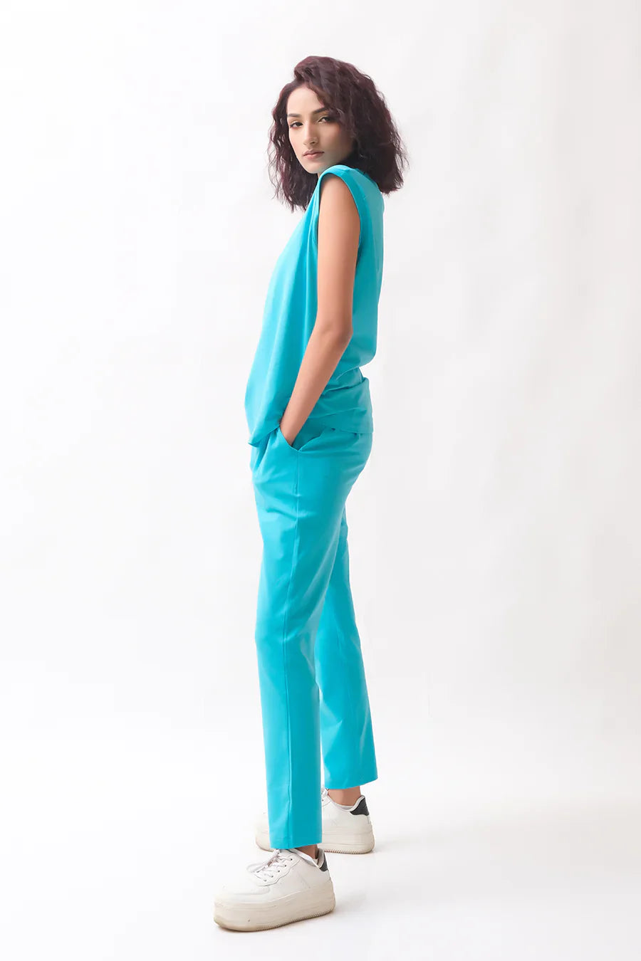 Dhaga Women Western Solids 2 Piece jersy Turquoise Co Ords Sleevesless DHSSSCO5 - Summer Collection