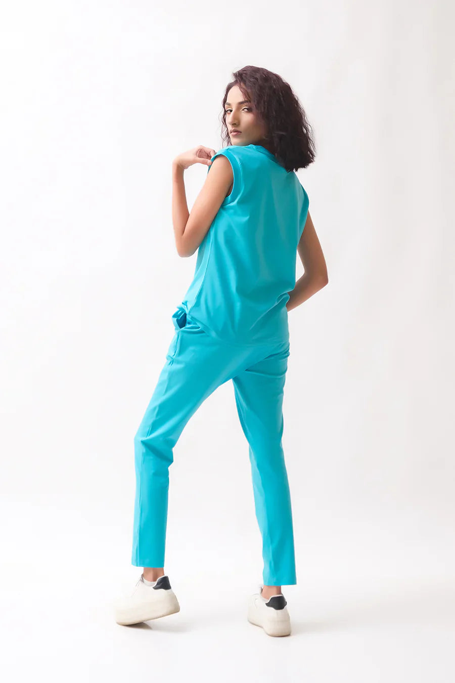 Dhaga Women Western Solids 2 Piece jersy Turquoise Co Ords Sleevesless DHSSSCO5 - Summer Collection