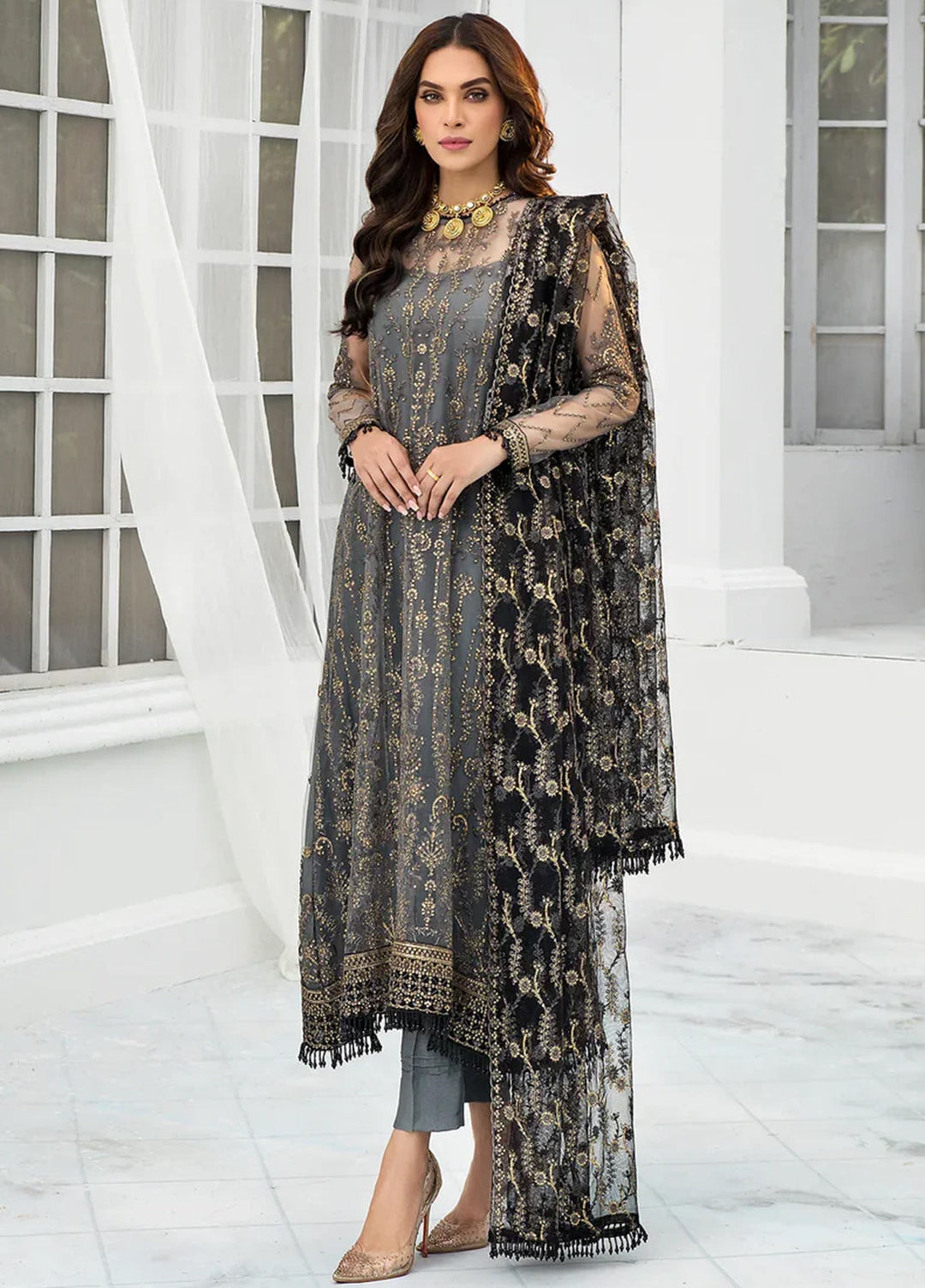 Zarif Embroidered Net Suits Unstitched 3 Piece ZR25UF ZDL-03 Graphite - Luxury Collection