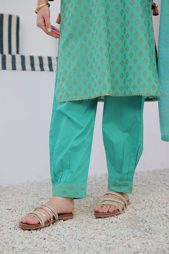 Senorita Girls Ready to Wear Girls Sea Green and Orange Casual 3 Piece Suit Cotton Jacquard Embroidered GAD-02928 - Summer Collection