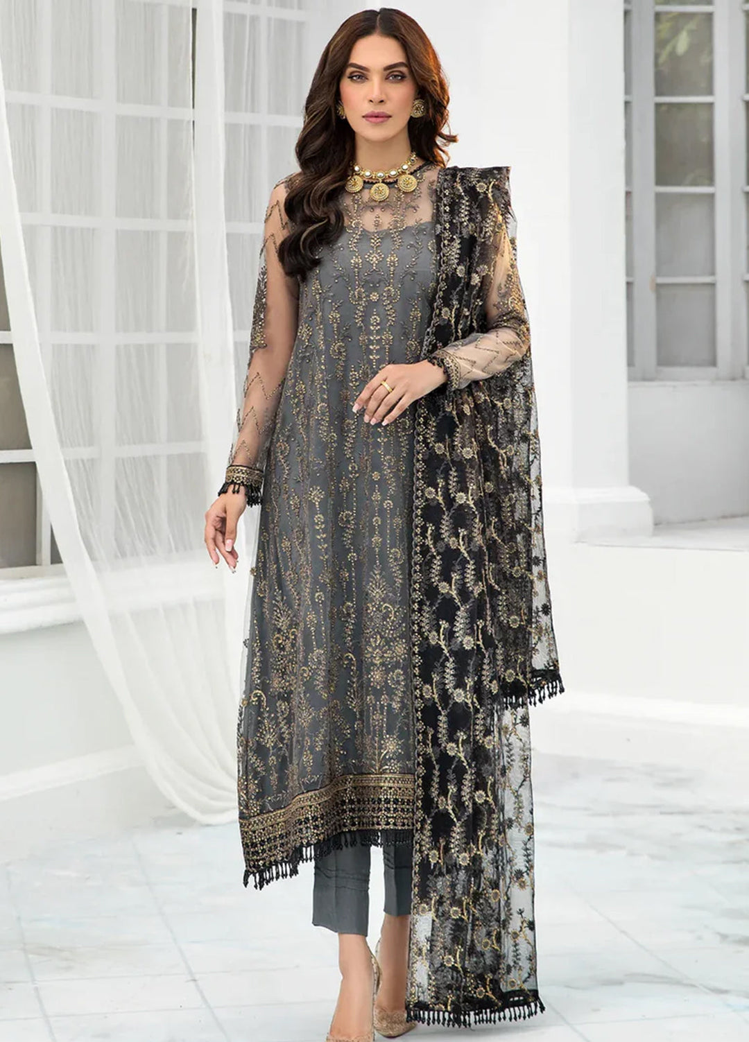 Zarif Embroidered Net Suits Unstitched 3 Piece ZR25UF ZDL-03 Graphite - Luxury Collection