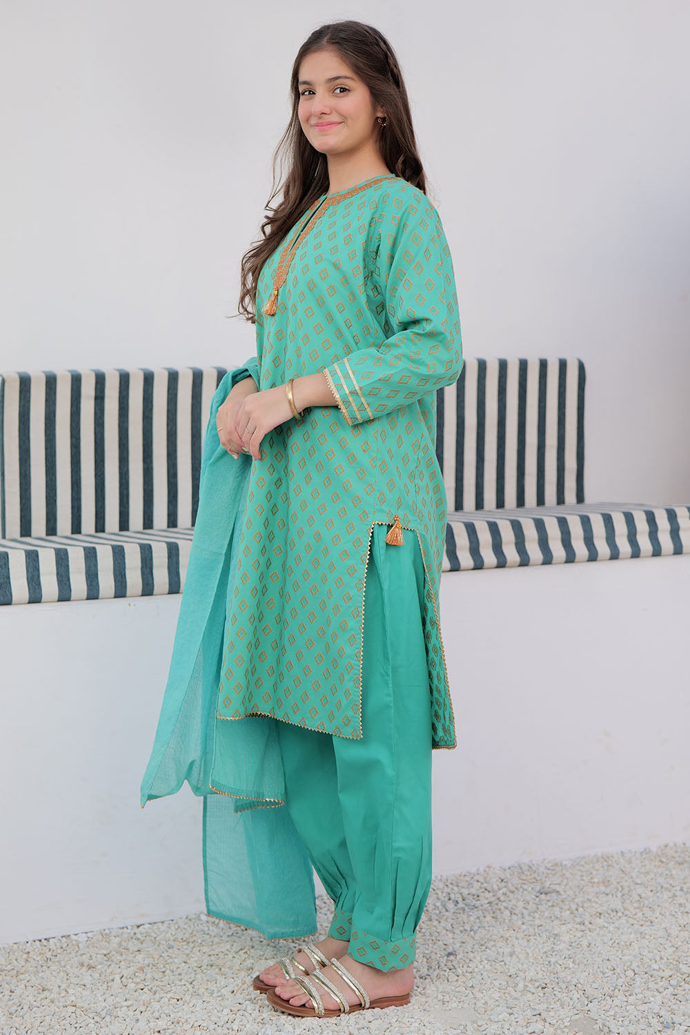 Senorita Girls Ready to Wear Girls Sea Green and Orange Casual 3 Piece Suit Cotton Jacquard Embroidered GAD-02928 - Summer Collection