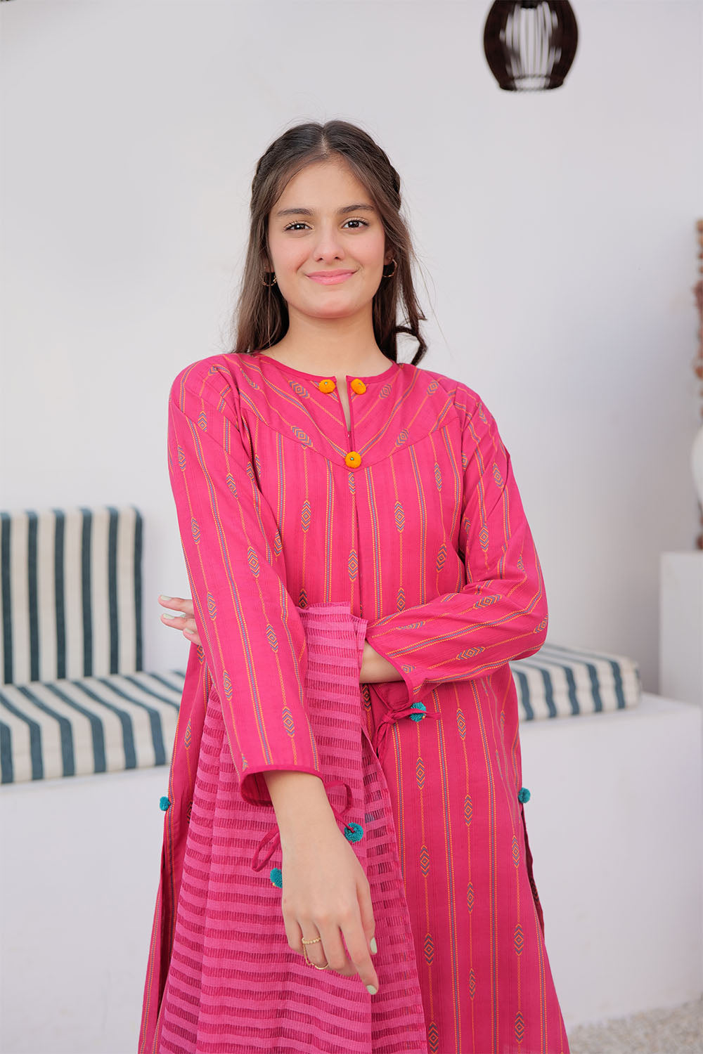 Senorita Girls Ready to Wear Girls Shocking Pink and Multicolor Casual 3 Piece Suit Cotton Yarn dyed Jacquard Solids GAD-02989 - Summer Collection