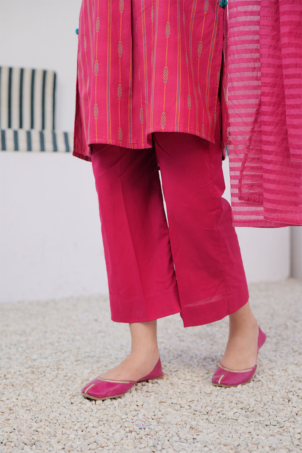 Senorita Girls Ready to Wear Girls Shocking Pink and Multicolor Casual 3 Piece Suit Cotton Yarn dyed Jacquard Solids GAD-02989 - Summer Collection