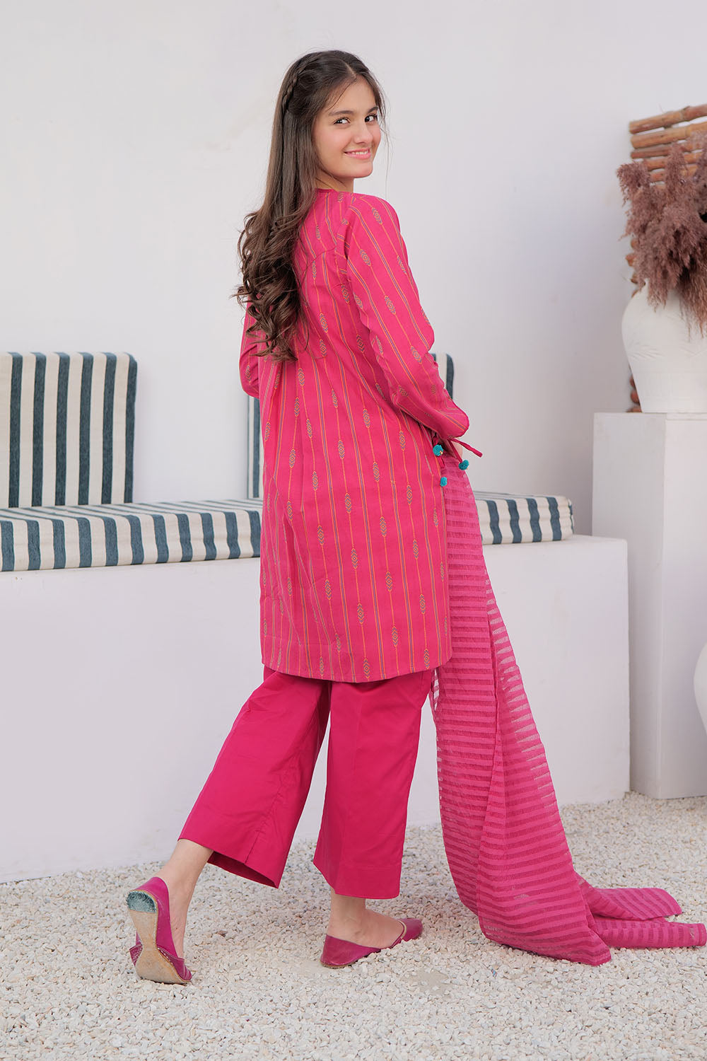Senorita Girls Ready to Wear Girls Shocking Pink and Multicolor Casual 3 Piece Suit Cotton Yarn dyed Jacquard Solids GAD-02989 - Summer Collection
