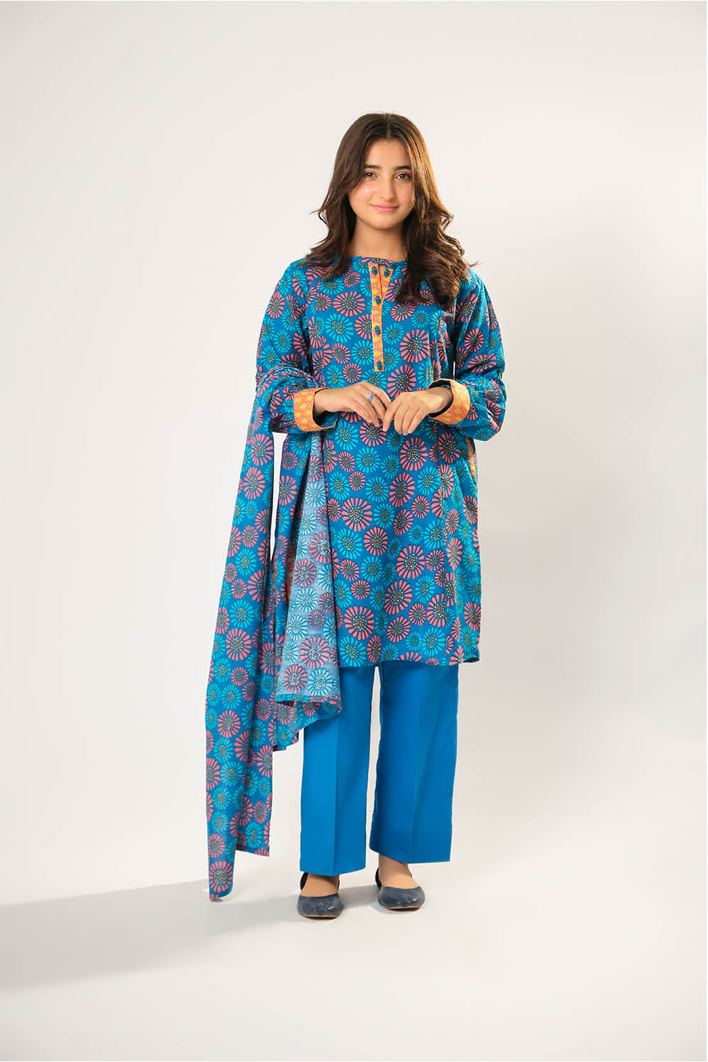 Senorita Girls RTW Girls Blue and Multicolor Casual 3 Piece Suit Cotton Khaddar Printed GAD-03200 - Winter Collection