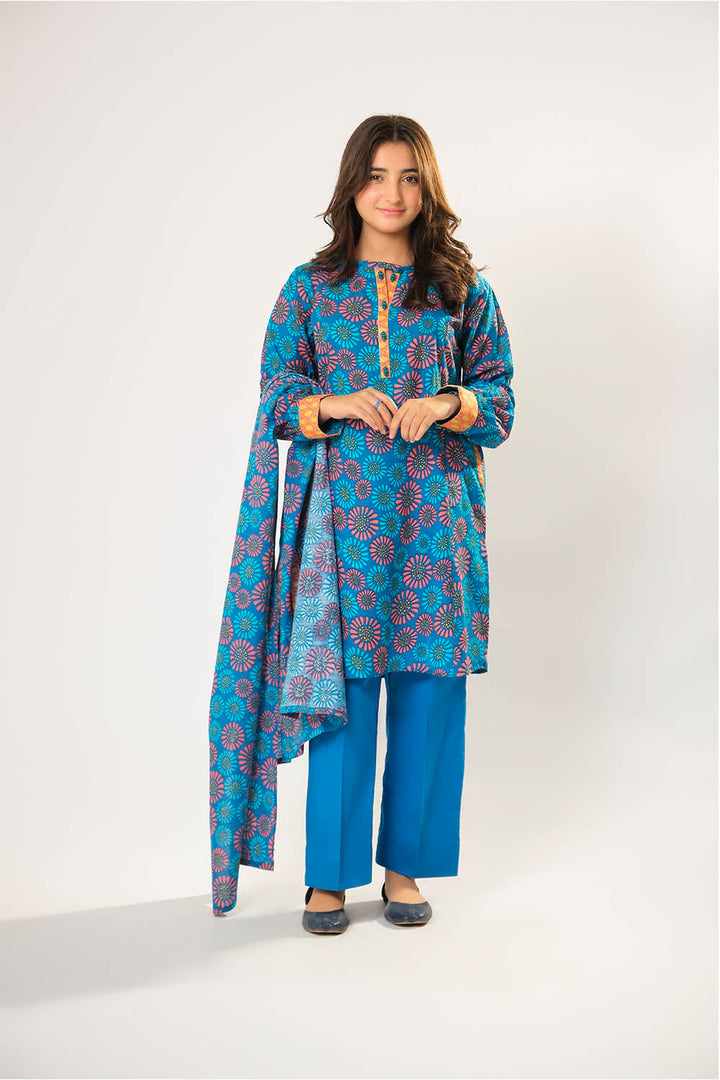 Senorita Girls RTW Girls Blue and Multicolor Casual 3 Piece Suit Cotton Khaddar Printed GAD-03200 - Winter Collection