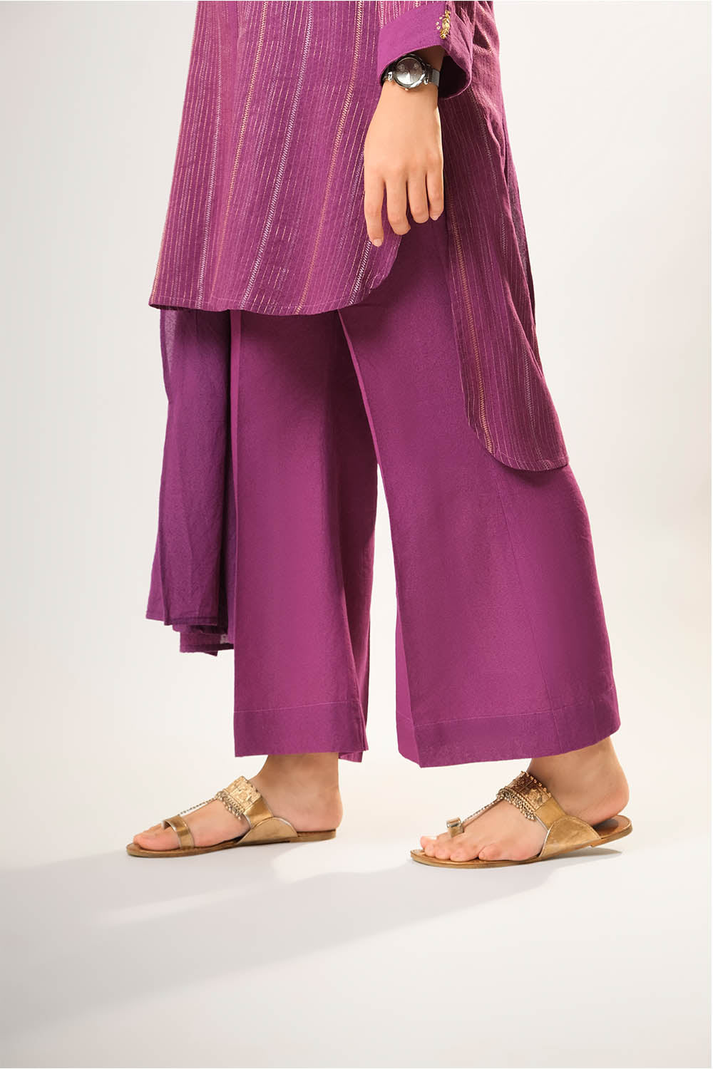 Senorita Girls RTW Girls Purple and Gold Casual 3 Piece Suit Cotton Karandi Dobby Solids GAD-03215 - Winter Collection