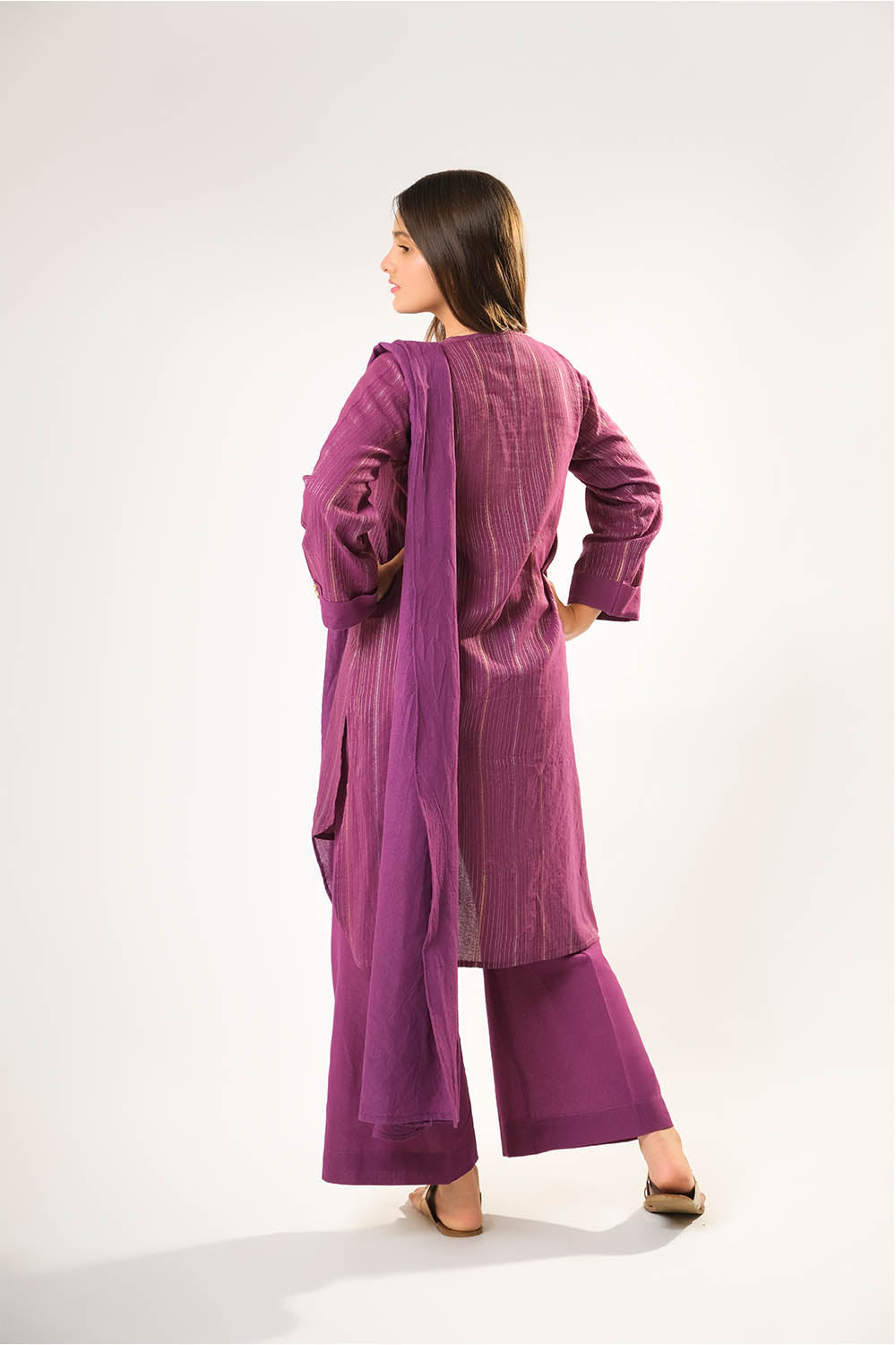 Senorita Girls RTW Girls Purple and Gold Casual 3 Piece Suit Cotton Karandi Dobby Solids GAD-03215 - Winter Collection