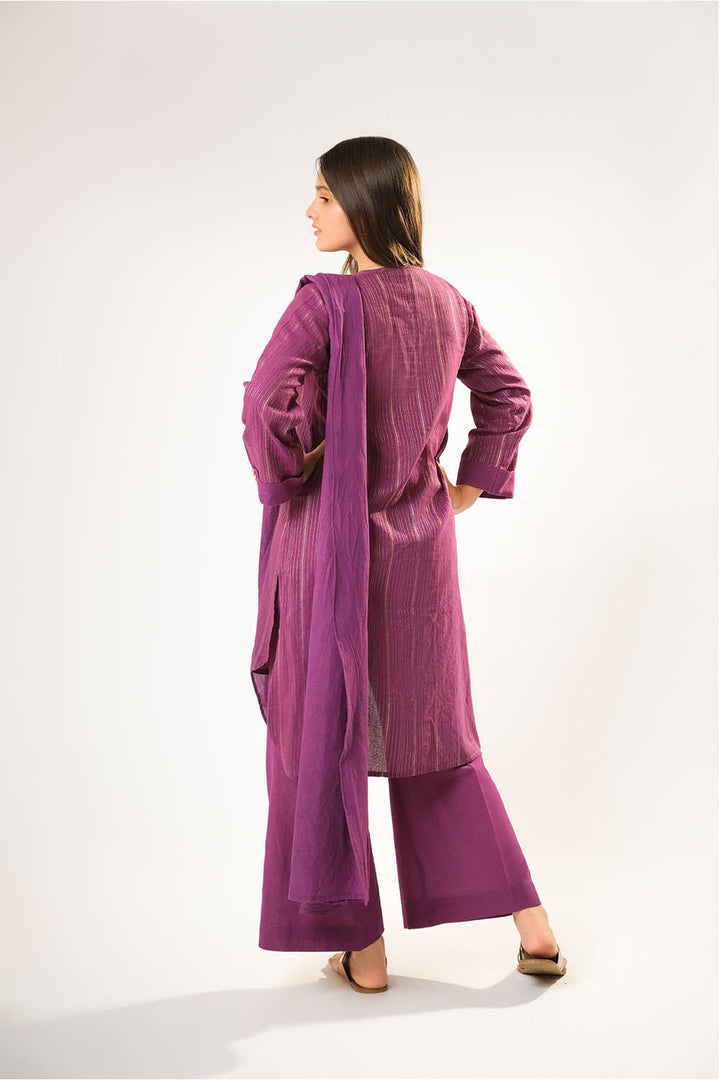 Senorita Girls RTW Girls Purple and Gold Casual 3 Piece Suit Cotton Karandi Dobby Solids GAD-03215 - Winter Collection