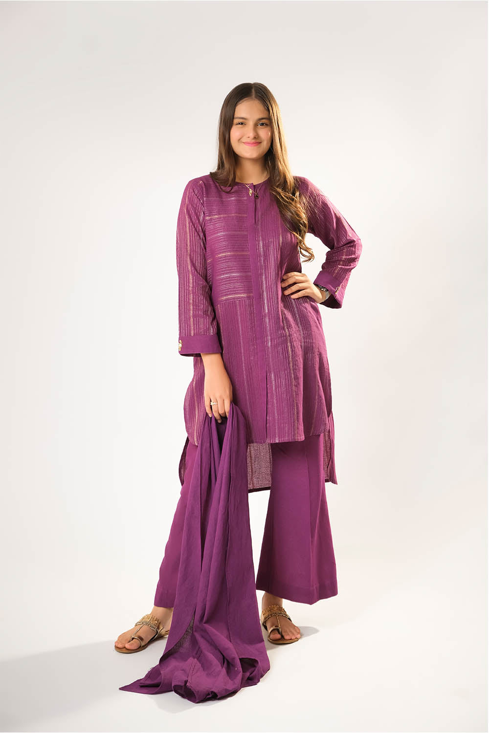 Senorita Girls RTW Girls Purple and Gold Casual 3 Piece Suit Cotton Karandi Dobby Solids GAD-03215 - Winter Collection