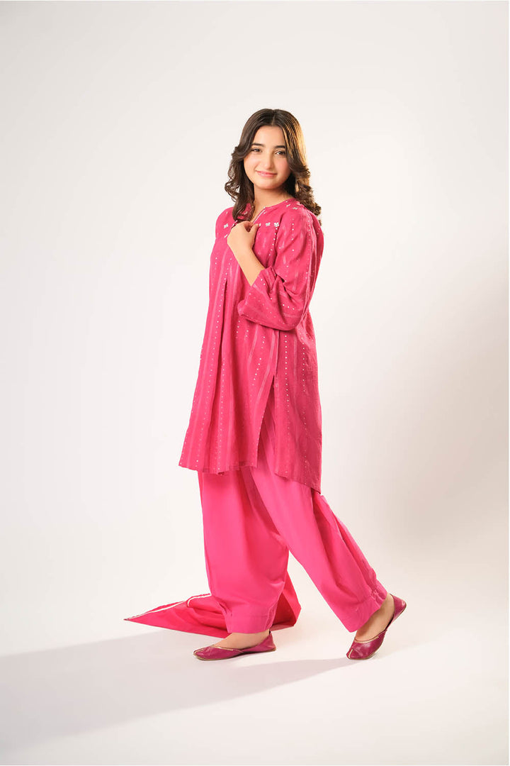 Senorita Girls RTW Girls S.Pink and Sliver Casual 3 Piece Suit Cotton Karandi Dobby Embroidered GAD-03213 - Winter Collection