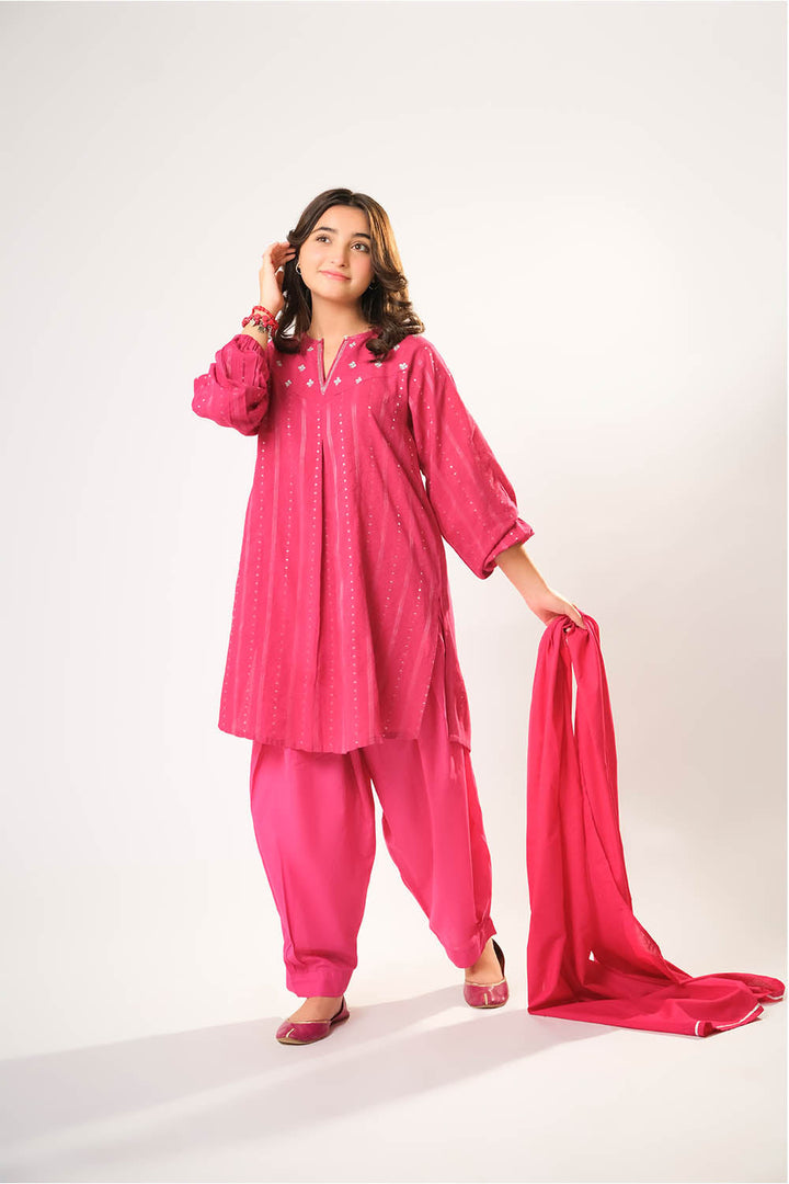 Senorita Girls RTW Girls S.Pink and Sliver Casual 3 Piece Suit Cotton Karandi Dobby Embroidered GAD-03213 - Winter Collection