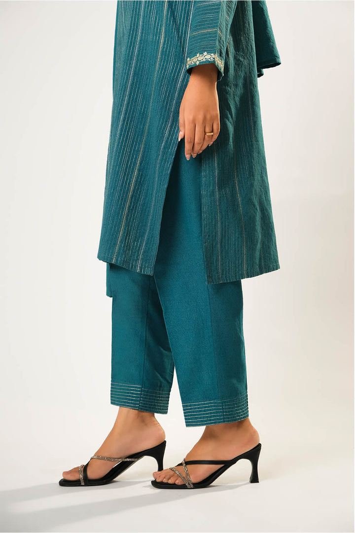 Senorita Women RTW Women Printed Turquoise Blue and Silver Casual 3 Piece Suit Cotton Karandi Dobby LAD-03212 - Winter Collection