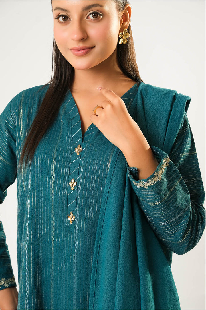 Senorita Women RTW Women Printed Turquoise Blue and Silver Casual 3 Piece Suit Cotton Karandi Dobby LAD-03212 - Winter Collection