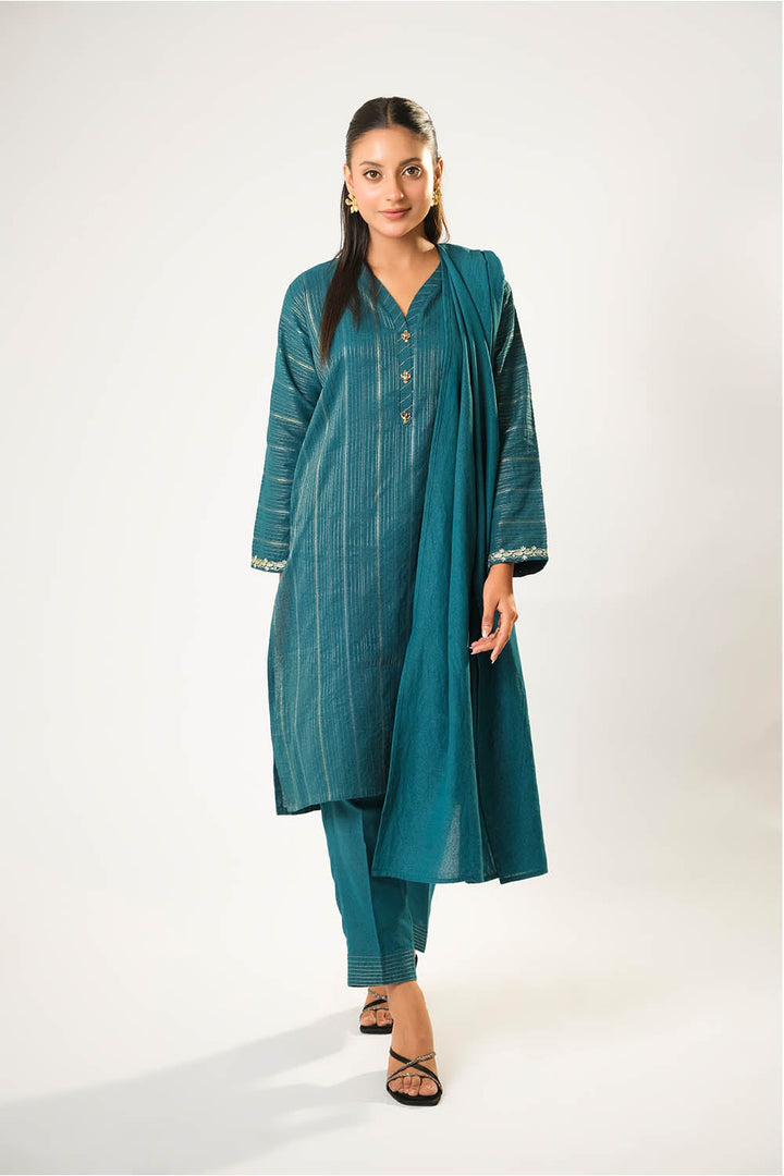 Senorita Women RTW Women Printed Turquoise Blue and Silver Casual 3 Piece Suit Cotton Karandi Dobby LAD-03212 - Winter Collection