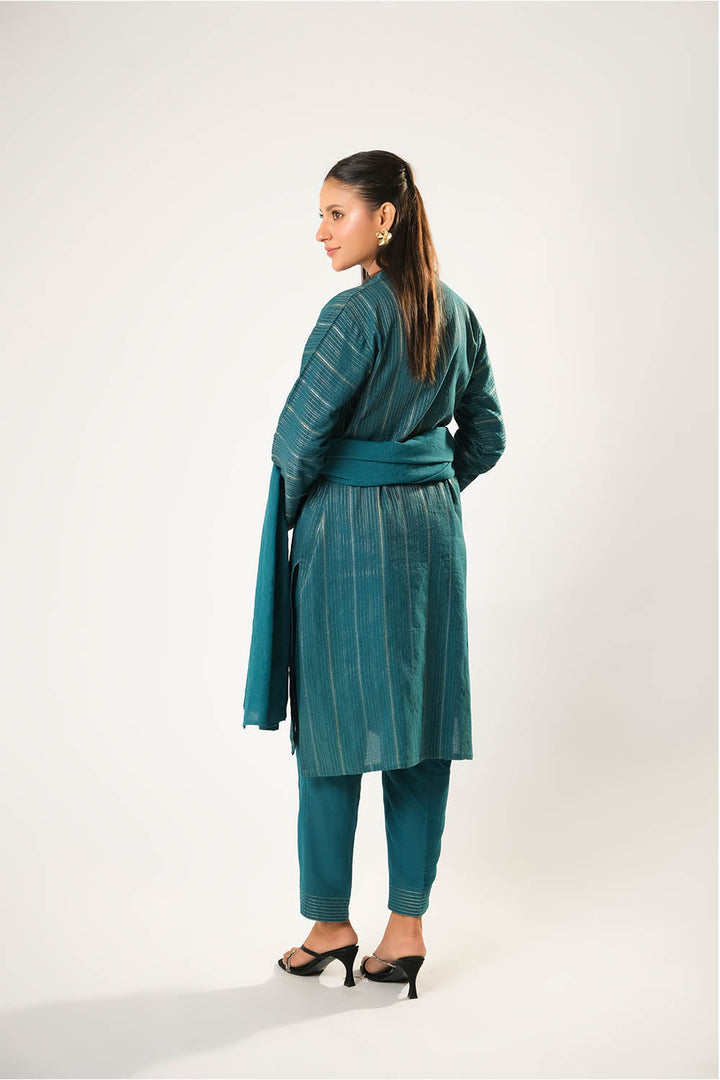 Senorita Women RTW Women Printed Turquoise Blue and Silver Casual 3 Piece Suit Cotton Karandi Dobby LAD-03212 - Winter Collection