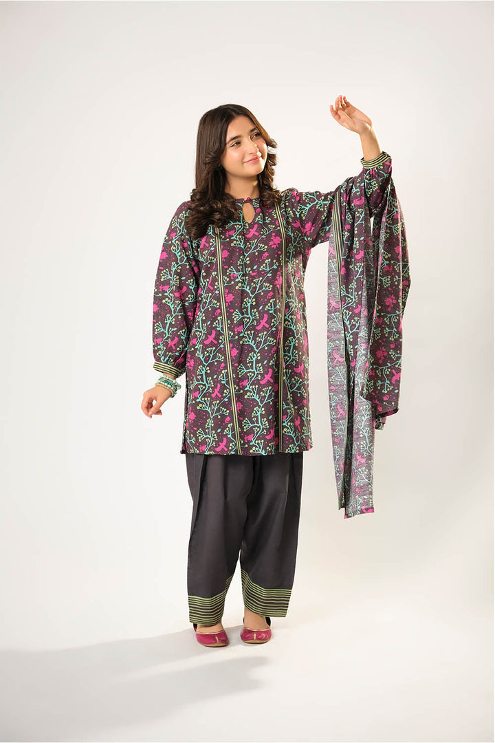 Girls winter clothes | Grey & Multicolor | Casual 3 Piece Suit  | Cotton Khaddar Printed | GAD-03202
