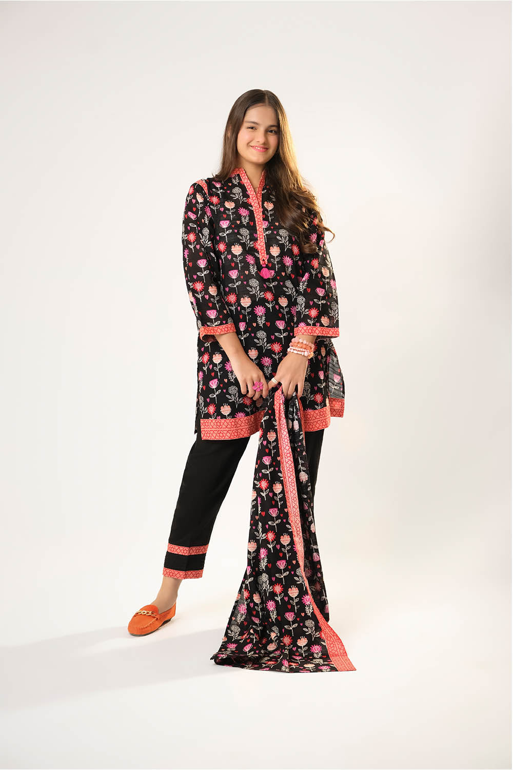 Senorita Girls RTW Girls Black and Multicolor Casual 3 Piece Suit Cotton Khaddar Printed GAD-03201 - Winter Collection