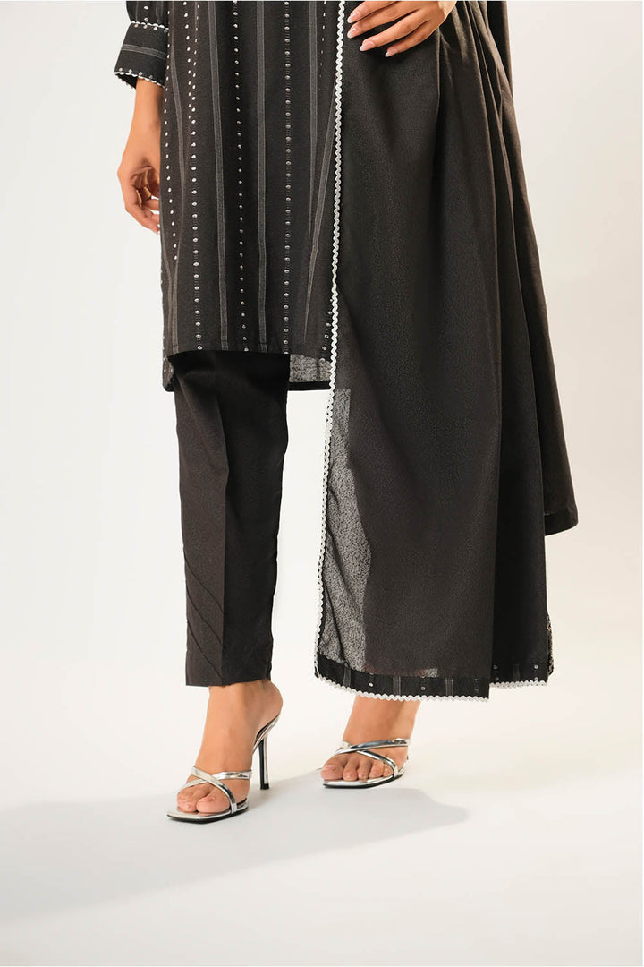 Senorita Women RTW Women Printed Black and Silver Casual 3 Piece Suit Cotton Karandi Dobby LAD-03210 - Winter Collection