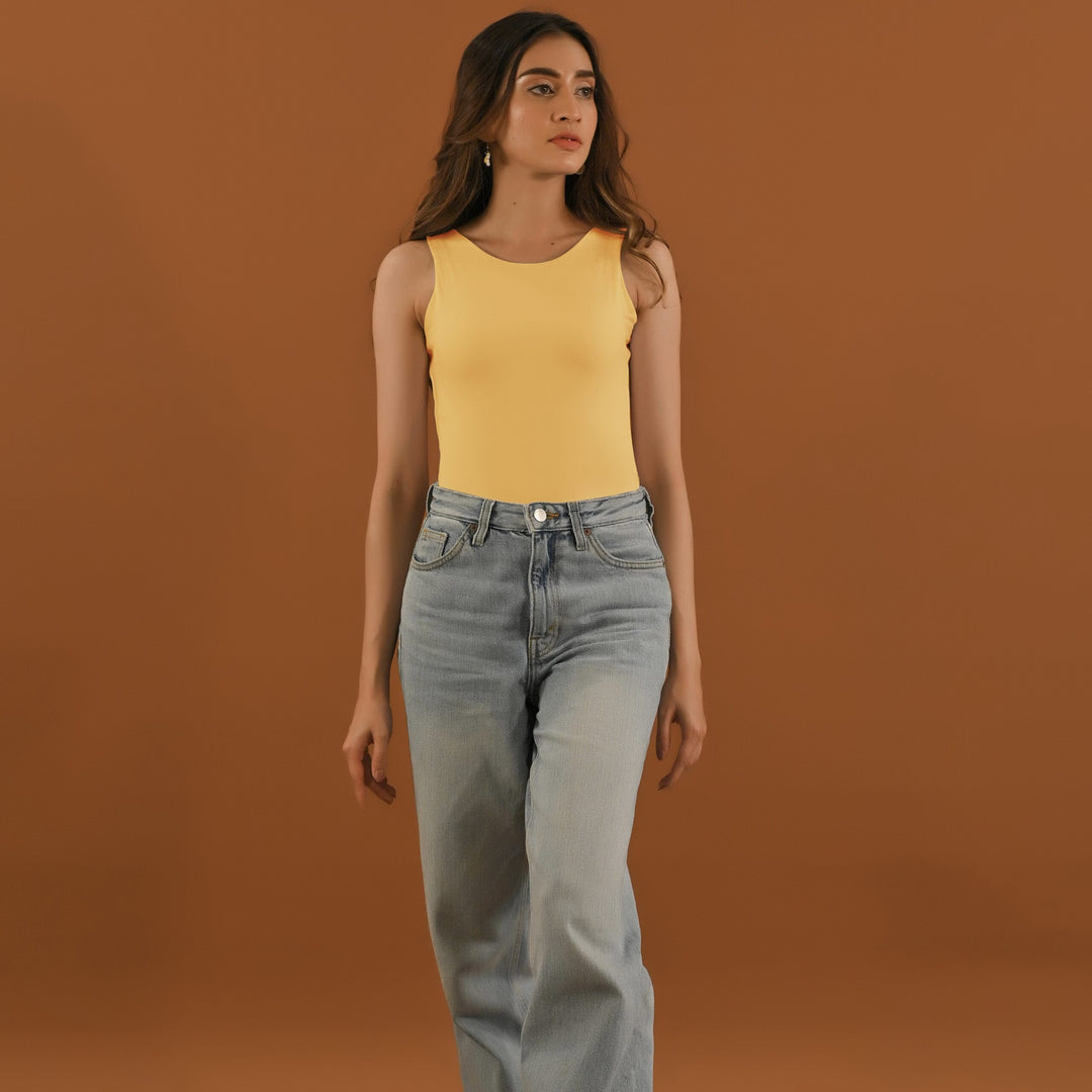Dhaga Women Western Solids T- Shirt jersy Yellow Sleeveless Bodysuit DT10002 - Summer Collection