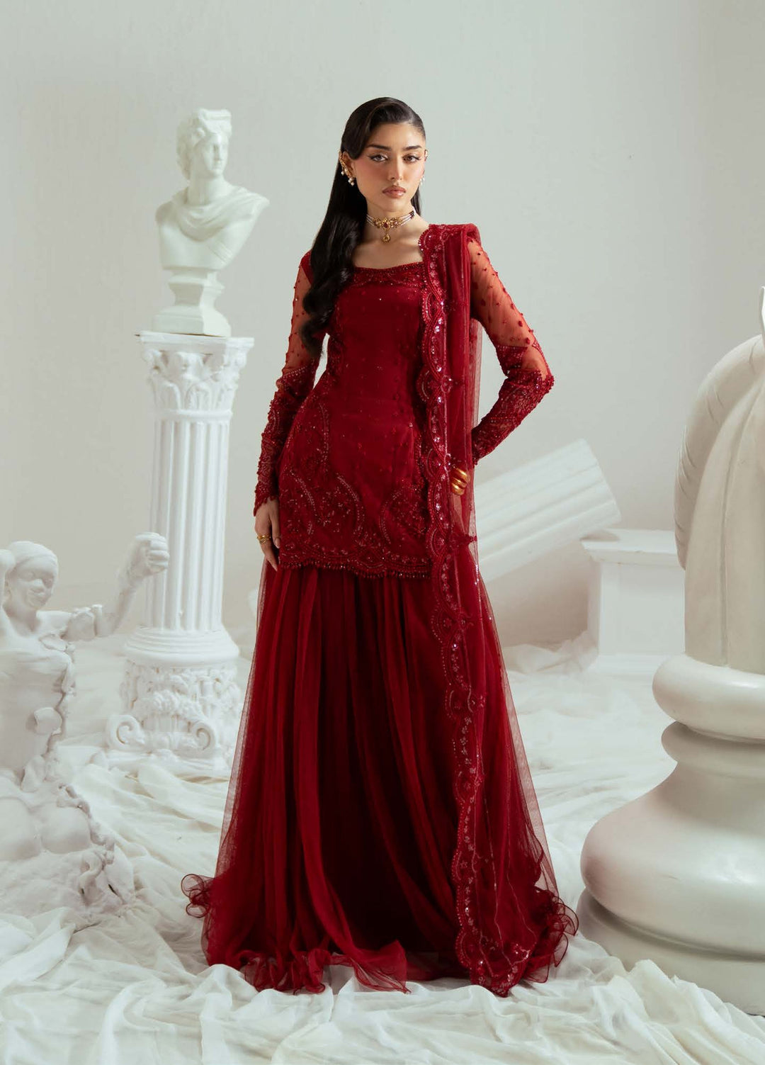 Elyse by Zariya Unstitched Embroidered Net 3 Piece Suit ZA26UEW Maroonique ZSU-6300 - Wedding Collection