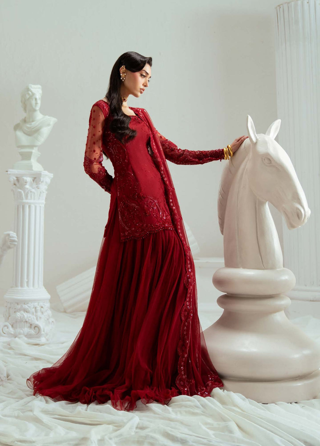 Elyse by Zariya Unstitched Embroidered Net 3 Piece Suit ZA26UEW Maroonique ZSU-6300 - Wedding Collection
