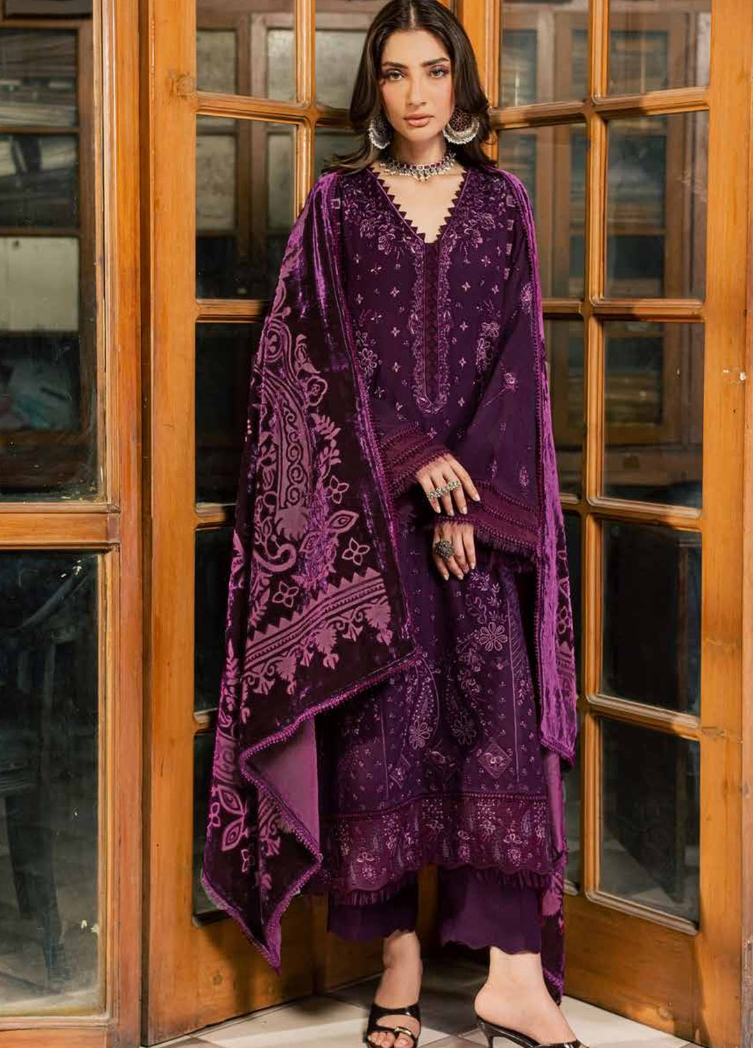 Nureh Exclusive Unstitched Leather Peach with Shawl 3 Piece Suit NU26UEP NE-284 - Festive Collection