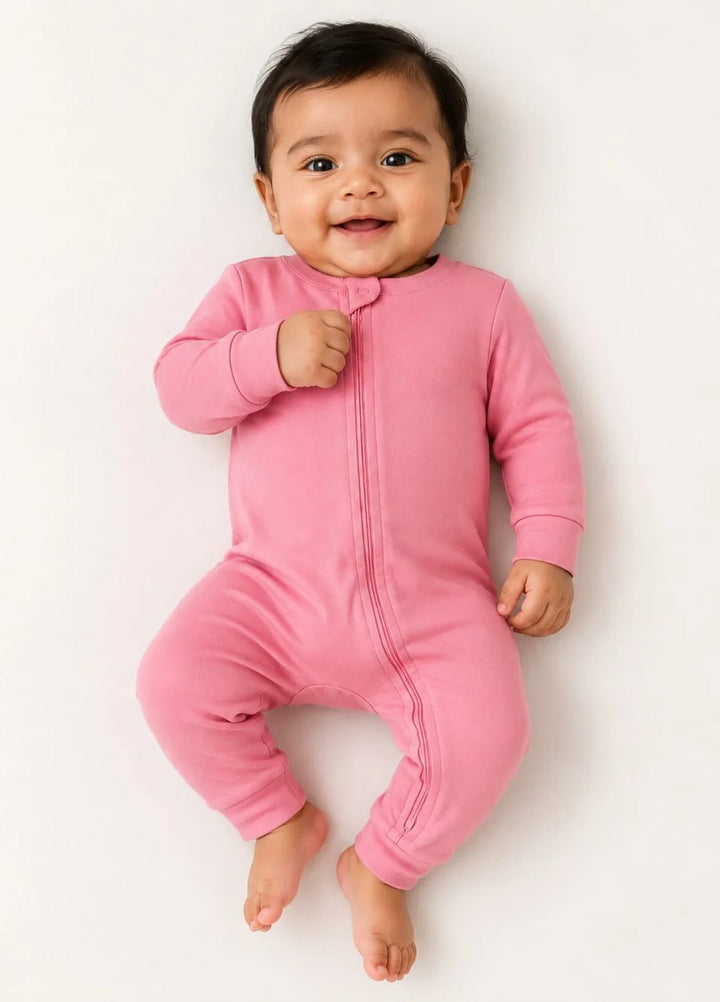Lambkin Kids RTW Solids Cotton 1 Piece Pink Zipper Romper - Casual Collection