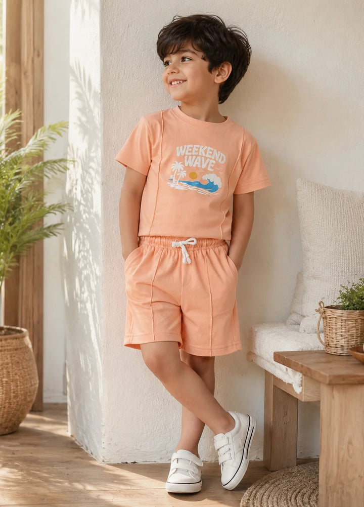 Lambkin Kids RTW Printed Cotton 2 Piece Suit Wave Tee N Shorts Set - Casual Collection