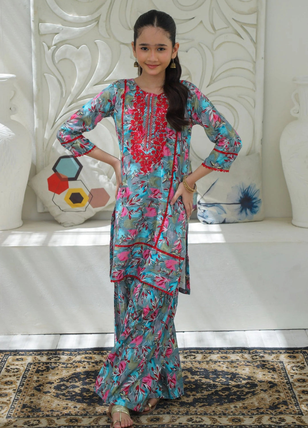 Khanak Girls RTW Embroidered Cotton 2 Piece Suit KST-196 - Casual Collection