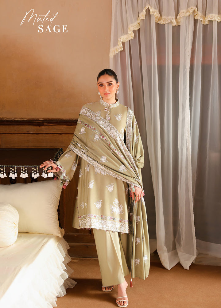 Cross Stitch Unstitched Embroidered Cotton Satin 3 Piece Suit CS26UCS Muted Sage - Casual Collection