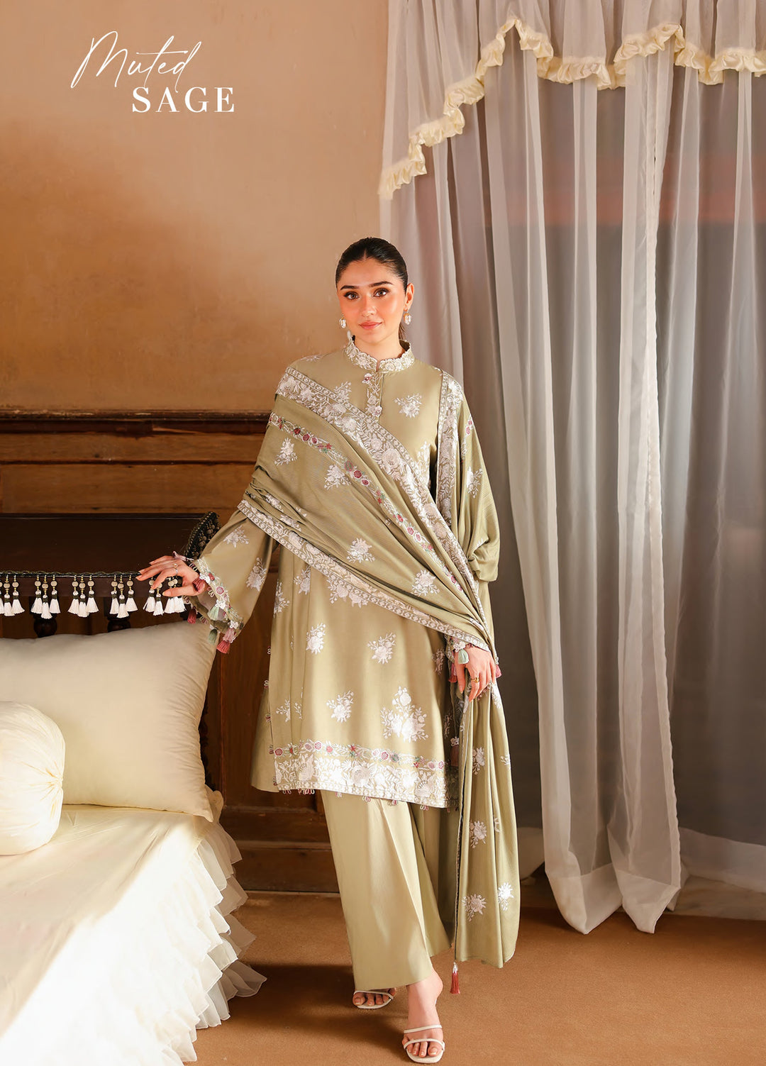Cross Stitch Unstitched Embroidered Cotton Satin 3 Piece Suit CS26UCS Muted Sage - Casual Collection