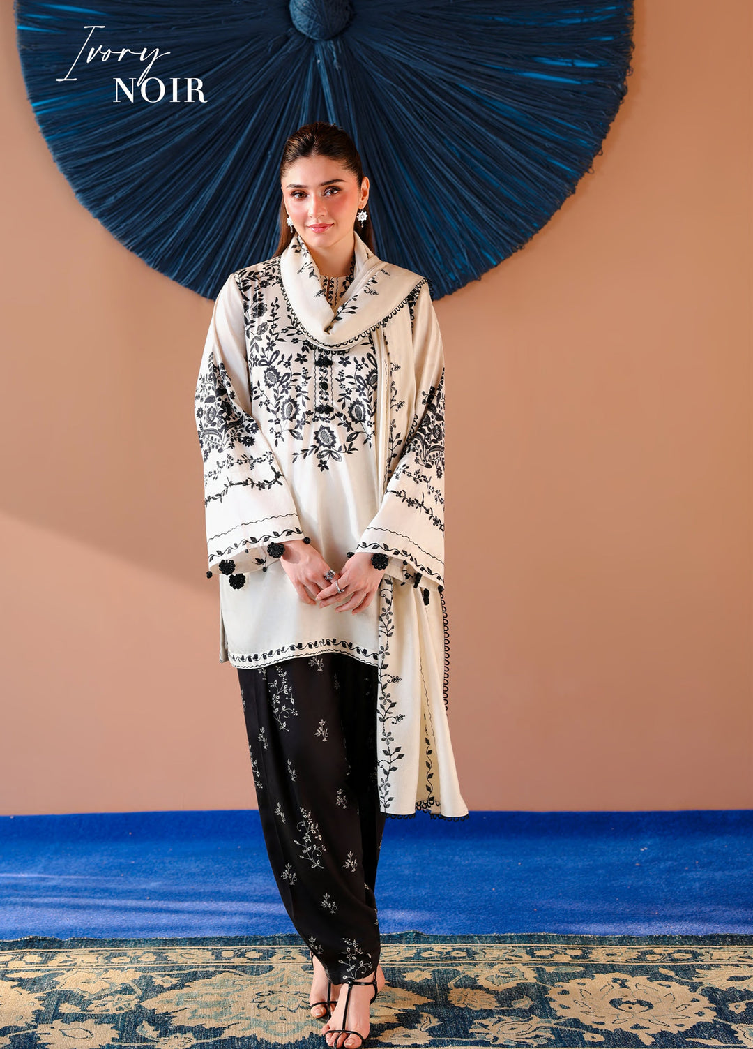 Cross Stitch Unstitched Embroidered Cotton Satin 3 Piece Suit CS26UCS Ivory Noir - Casual Collection