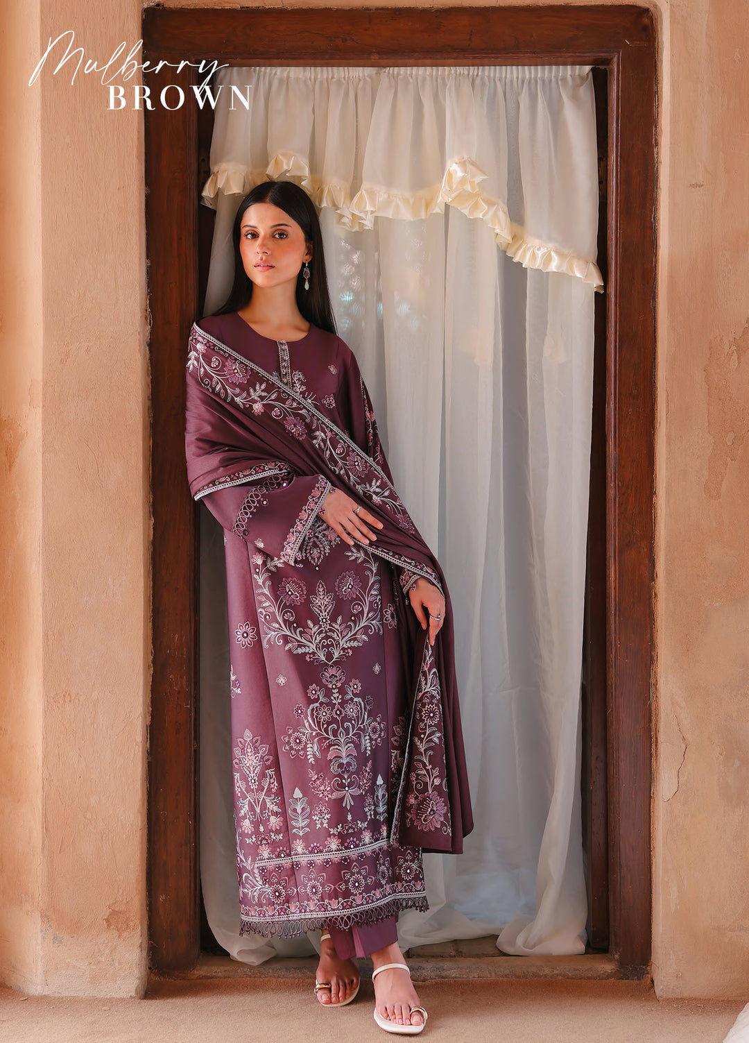 Cross Stitch Unstitched Embroidered Cotton Satin 3 Piece Suit CS26UCS Mulberry Brown - Casual Collection
