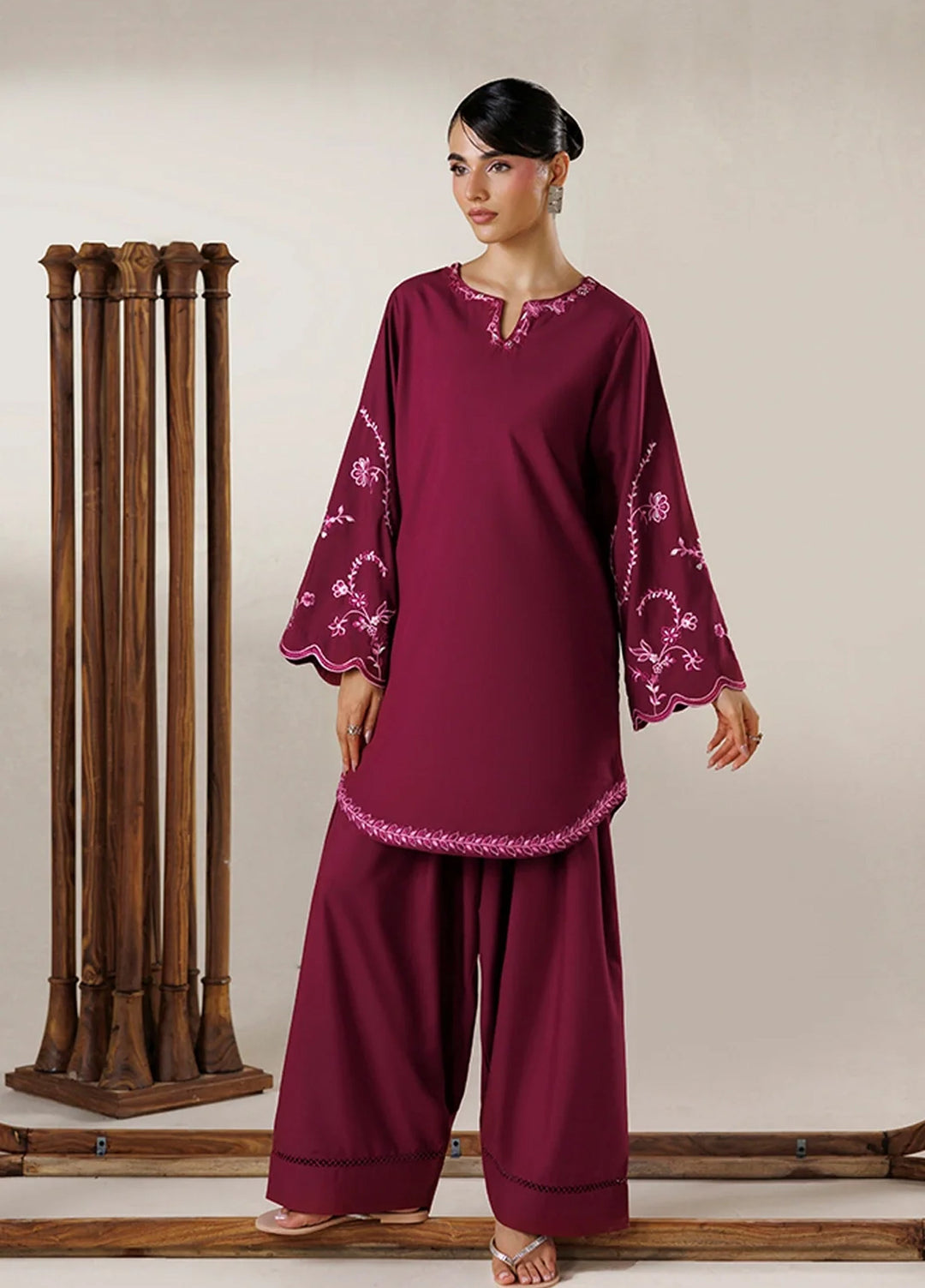 Azure Women RTW Embroidered Poly Co-Ord Sets Suit Cerise - Casual Collection